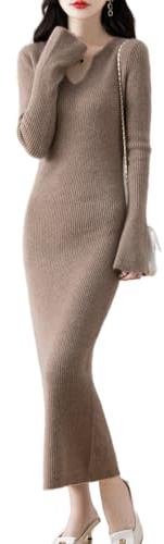 Ailaile 100% Merino Wool Sweater Dress Women's Long Sleeve Knitted V Neck Pullover Fall Winter Slim Long Tops Camel