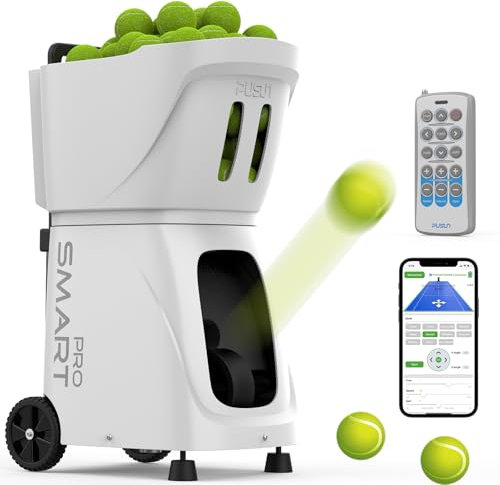 PUSUN PT-Smart Pro Tennisballmaschine: 110+ Bälle Kapazität, max. 74,56 MPH Geschwindigkeit. App/Remote/iWatch-Steuerung, KI-Trainingsmodi/Drill/Programmierung/Zufall/Volley, 4-6h Akkulaufzeit.