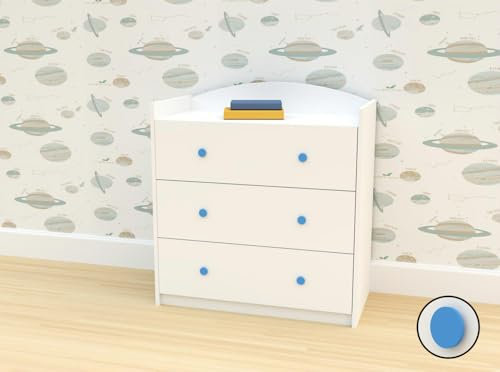 Happy Babies Kommode - Mit 3 schubladen Kommoden & Sideboards, Schubladenschrank zum Schlafzimmer & Wohnzimmer, Möbel Breit Modern 96x88x44cm, Kleiderkommode Schlafzimmerkommoden (Blauer Griff)