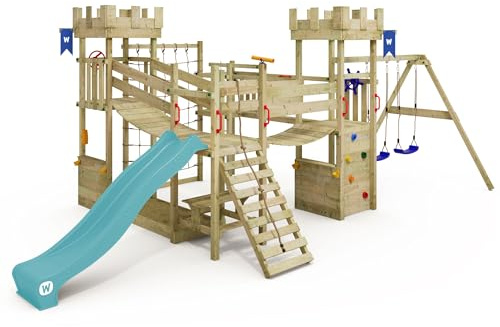 WICKEY Tour de Jeu Structure d'escalade château Smart Arch avec balançoire & Toboggan, Tour d'escalade extérieure pour Enfants avec bac à Sable, échelle & Accessoires de Jeu (Turquoise)