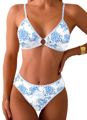 Fanuerg - Bikini Triangular para Mujer con Aros, Conjunto de 2 Piezas con Estampado Floral y Braguita brasileña, Azul Claro (Light Blue Floral), M