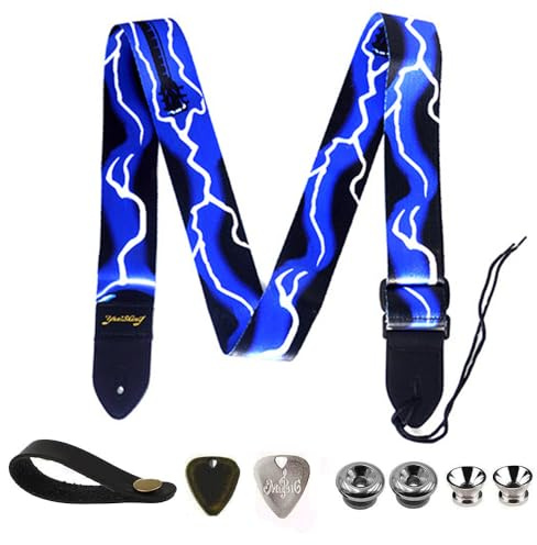 BetterJonny Gitarrengurt, Verstellbarer Gitarren-Gurt Gitarrenband Guitar Strap mit Lederenden Plektrum Knöpfe Gitarrenhals Gurt für E-Gitarre Akustikgitarre Bass, Blitz（B）