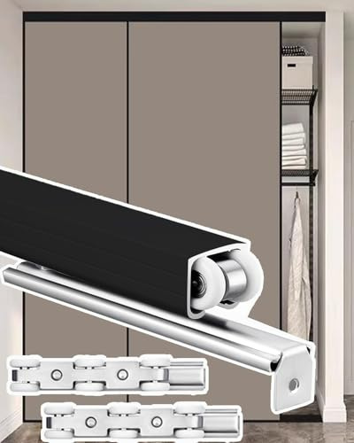 Minglez Kit Porte Coulissante Kit de Porte Coulissante Noir de 2 M, 2,3 M, 2,4 M, 2,7 M, 3 M et 3,7 M. Rail de Porte Coulissante avec roulettes pour Placard, Rail de Porte Coulissante(5.3ft/1.6m)