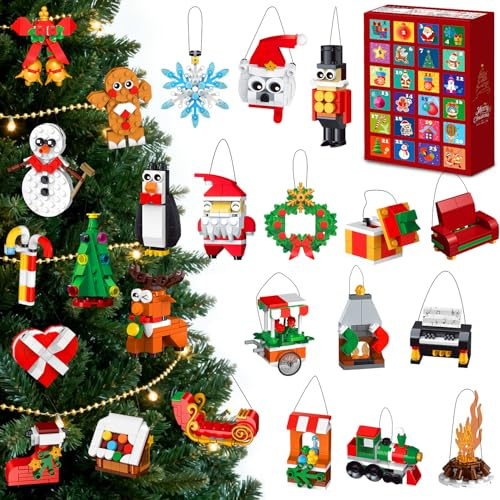 HOGOKIDS 2025 Advent Calendar Christmas Ornaments Building Set, 24 Days Countdown Hanging Christmas Tree Decor Wreath Santa Snowman Xmas Gift Stocking Stuffer Building Toys for Kids Boys Girls Ages 6+