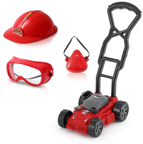Arrowbash Toy Push Lawn Mower Set for Kids, Outdoor Electronic Push Lawn Mower Tool Set with Masks Toy Helmet and Earmuffs, Realistic Sound and Safe ABS, 4 Pcs Gardening Summer Gift for Boys Girls