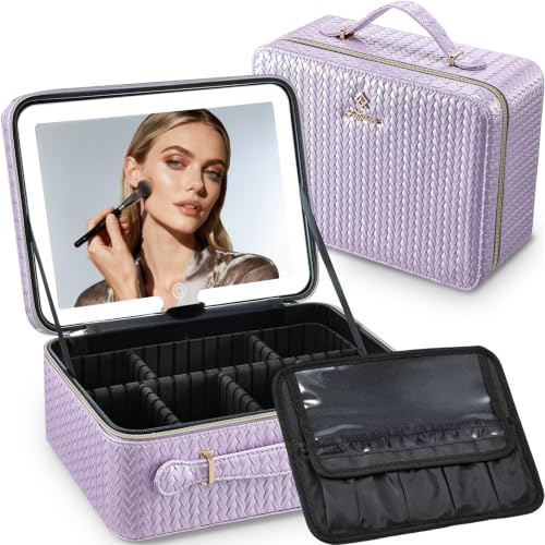 Makeup Bag with LED Mirror, Large Travel Make up Organiser Box Portable Makeup Case Cosmetic Bag Vanity Cases with Adjustable Compartment, 3 Color Modes Light Up Mirror Make Up Case, Gift for Women