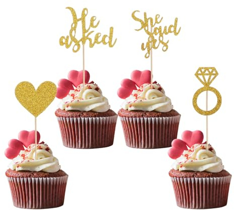 Sorcristy 24 Stück He Ask She Said Yes Hochzeitstorte Deko Glitzer Cupcake Topper Hochzeit Dekorationen Muffin Deko Herz Gold Tortendeko Kuchendeko für Verlobung Hochzeitsfeier Party