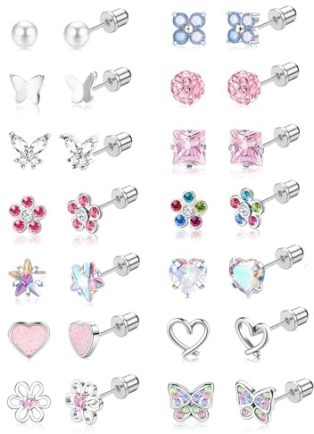 MILACOLATO 14 Pares de Pendientes Bonitos para Mujeres y Niñas | Acero Inoxidable Multicolor Corazón Flor Mariposa Pentagrama Pendientes de Botón Pendiente de Botón