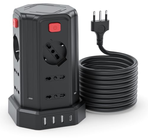 5 Metro Ciabatta Elettrica Multipresa con 12 Prese Universali 10/16A ITA e Schuko e 3 USB A+1 USB C protezione Sovratensione con 4 interruttori indipendenti, Nero