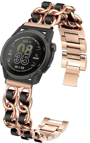 Blueshaweu 20mm 22mm 24mm Damen Kettenbänder Kompatibel mit COROS Sportuhr, Edelstahlband Lederschlaufe Ersatzarmband Kompatibel mit COROS NOMAD/APEX 4 46mm, 42mm etc. (Roségold, 20mm)