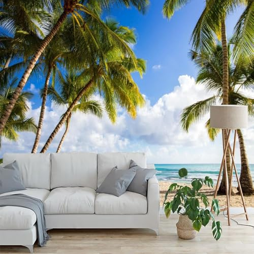Papier Peint Plage Tropicale 3D Auto Adhesif Panoramique Mural Mer Papier Peint en Soie Poster Trompe L'oeil Décoration Murale Salon Chambre 200x140 cm A-8972