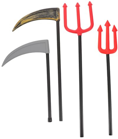 JOINPAYA 4 Piezas de Guadañas de Plástico para Halloween Accesorios Decorativos para Disfraces Kit de Juguetes de Hoz y Tridente de 51 CM y 385 CM Ideales para Fiestas y Cosplay