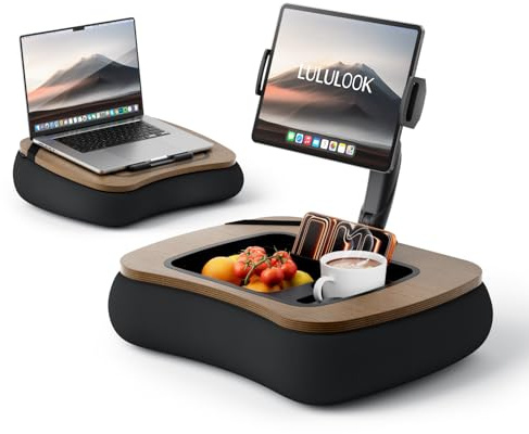 LULULOOK Support en Bois pour Ordinateur Portable et iPad avec Sac de Rangement, Support de Coussin Kindle réglable avec Bras pivotant à 360°, Support Universel pour Tablette avec Plateau à collation