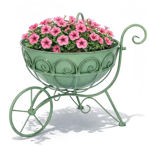 GreenWhim Vintage Metal Wheelbarrow Planter Stand Decorative Garden Flower Pot Holder Green Scrollwork Cart Plant Display for Patio, Balcony, Indoor