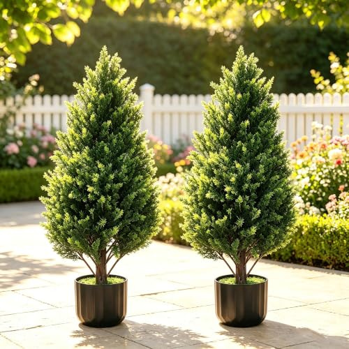Confezione da 2 cipressi artificiali, 0,9 m, con tronchi staccabili, arte topiaria finta decorativa per interni ed esterni, casa, giardino, balcone, patio, ingresso (90 cm)