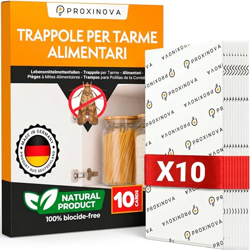 Proxinova Antitarme Alimentari con 10 Trappole Adesive per Farfalline Dispensa -Trappole Feromoni Farfalline per Monitoraggio Cucina E Cibo Senza Biocidi, 100% Naturale - Made in Germany