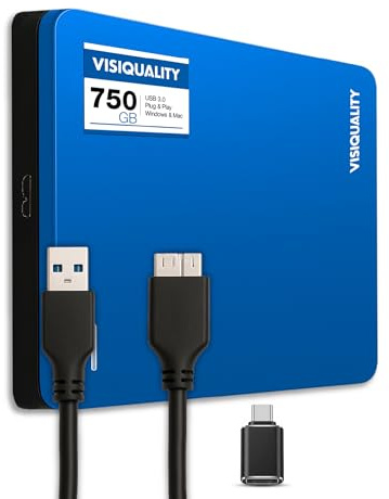 VisiQuality Disco Duro Externo de Alta Velocidad de 750 GB, USB 3.0, Disco Duro Externo, Compatible con Windows/Mac, Plug & Play, Juegos PS4 y Xbox, Compacto, (Azul)