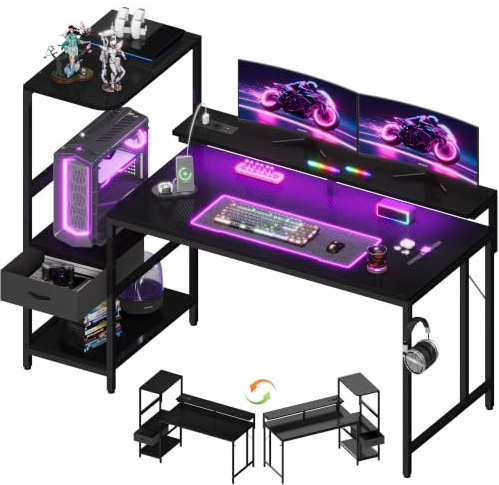 JUMMICO 140×60cm Gaming Tisch mit Steckdose & Lichtleiste, umkehrbarer computertisch mit Monitorständer, schubladen & Ablagefach, Kopfhörerhaken, Gaming Schreibtisch Carbon Fiber Schwarz