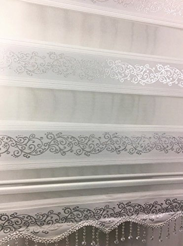 kskeskin Duo Rollo 120 cm x 200 cm weiß silberranken Doppelrollo mit Alukassette mit breiter Beschwerung und Perlen Volant