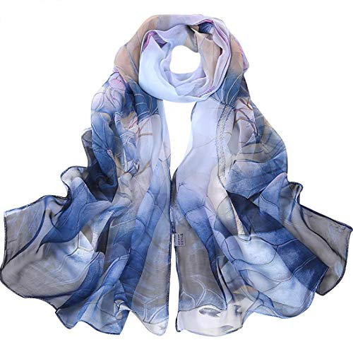 Dancila Foulard en Soie pour Femmes - Floral Imprimé Mousseline de Soie Écharpe Wrap 155 * 50cm - Châles Tube (Mixte Noir/Bleu/Blanc)
