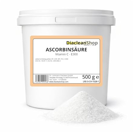 DIACLEANSHOP Ascorbinsäure Pulver 500g Lebensmittelqualität E300 | Ideal als Antioxidationsmittel Mehlbehandlungsmittel Lebensmittel E300