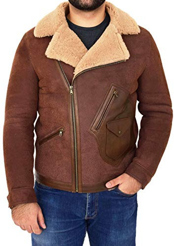 A1 FASHION GOODS Herren Echtes Schaffell Jacke Tailliert Antiquität Shearling Mantel Rocky Braun (XXL - EU 54)