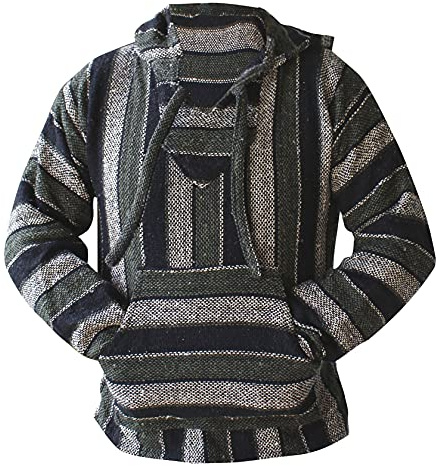 Del Mex Mexican Baja Hoodie Hippie Surf Poncho Sweater Sweatshirt Pullover Jerga (Medium, Olive Green Stripe)