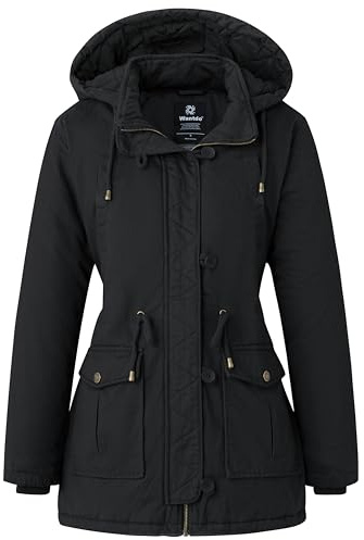 Wantdo Giacca da Donna Caldo Invernale Lungo Parka Elegante Imbottita con Cappuccio Antipioggia Autunnale Cappotto a Vento Nero M