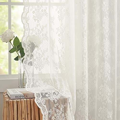 YJ YANJUN Vintage Lace Curtains 63 Inches Length- Elegant Victorian Floral Ivory Sheer Curtain Panels for Living Room Bedroom Kitchen, Scalloped Edges Rod Pocket, 2 Panels 52W x 63L Cream