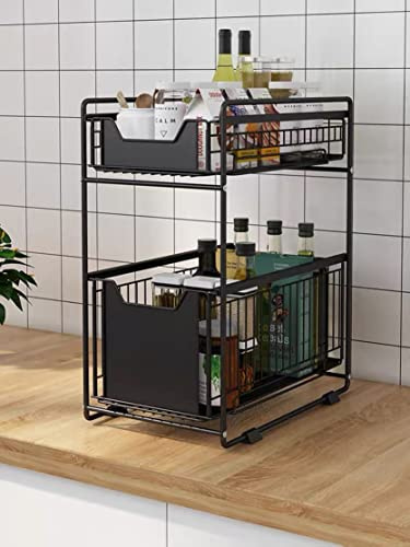 HUOLE Etagère de Rangement sous évier Rack de Stockage Extensible Organisateur Rangement de Cuisine Maison Gain de Place Meuble Etagère de 2 étages en Acier Inoxydable(37.4 * 26.5 * 44cm (Noir))