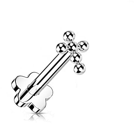 Paula & Fritz® Push-In Labret Piercing Kreuz Silber Titan-IUM Grade 23 Kugel Piercing Set 0,8-mm Stab-Dicke 8-mm Lang Blüten-Sockel Madonna Medusa