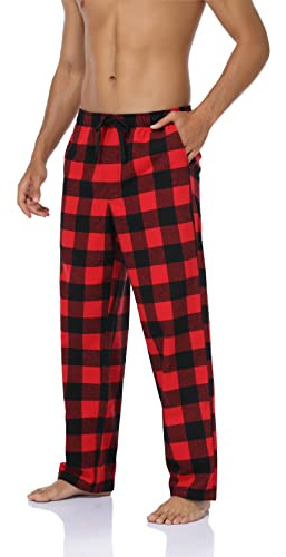 North Pyjamasbyxor i linne, 100 % bomull rutiga pyjamasbyxor tjocka flanellsovbyxor, mjuka nattkläder för män med fickor, justerbar dragsko, Attraktiv röd rutig, S