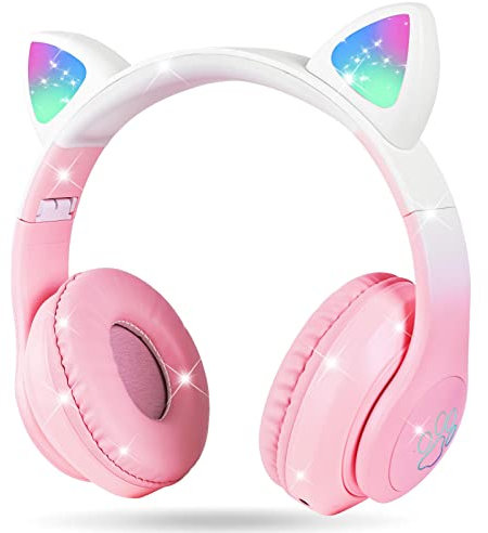 AXFEE Cuffie Bluetooth per Bambini, LED Cuffie Cablate/Wireless con Orecchio di Gatto, Pieghevole Audio Stereo HD Over-Ear Cuffie per Studiare/Viaggiare, 105dB Volume Limited, Bluetooth 5.3 Version