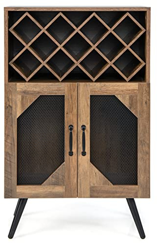 COSTWAY Cantinetta Portabottiglie in Legno con Portabottiglie Rimovibile | Credenza da Cucina con Portabicchiere e 2 Ante, Ideale per Cucina, Sala da Pranzo e Soggiorno