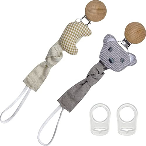 LICHUANUK 2 Stück Baby Schnullerkette, Schnullerkette Stoff Set mit Buchenholz Clip für Jungen und Mädchen für alle Baby-Beißspielzeuge mit 2 Stück Schnullerringe