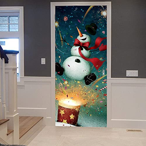 Türtapete Selbstklebend Cartoon Niedlichen Schneemann Weihnachten 95 X 215 Cm Türposter Fototapete Poster Tapete Pvc 3D Türaufkleber Selbstklebend Diy Türbild Wandbild - Kinderzimmer Wohnzimmer Küche