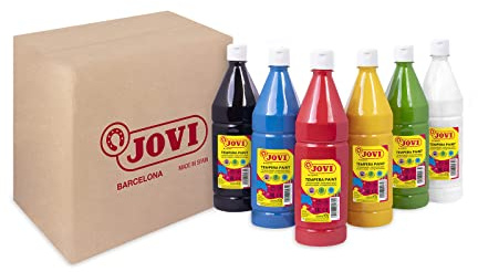 Jovi - Tempera liquide, boîte de 6 canettes de 1 L, couleurs primaires, peinture à base d'ingrédients naturels, facile à laver, sans gluten, idéale pour un usage scolaire (511/6A)