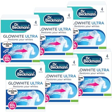 Dr. Beckmann Glowhite Ultra, In-Wash Sachets, 4 x 40g, Pack of 6 | In-wash boost for brighter white laundry. Stain remover for whites, treats greying. Convenient sachet. Pre-dosed no mess