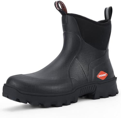 Showave Men's Short Rubber Boots Waterproof Rain Boots Insulated Working Booties with Comfortable Sports Sole, Black,Size 9