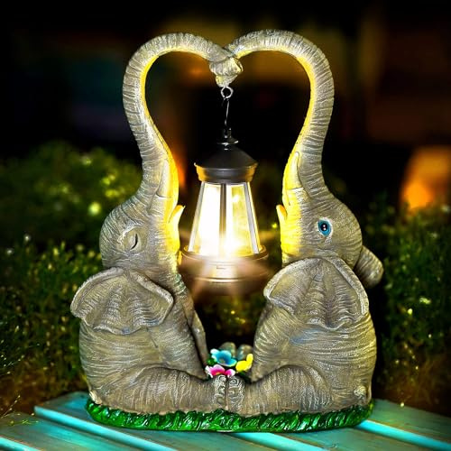 Vereemy Elephant Statue Garden Decor with LED Solar Lights-Set of 2 Good Luck Elephant Outdoor Statue Elephant Gifts for Women Garden Statues for Yard Patio,Porch,Home for Women