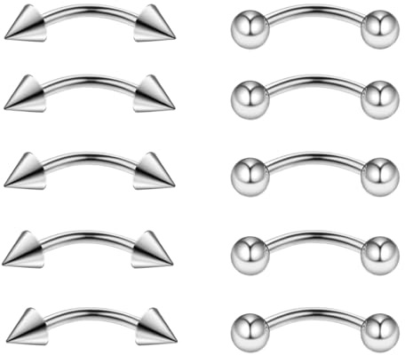 Gojewen 10pcs Curved Barbells 10mm for Eyebrow Lip Daith Rook Helix Septum Bridge Belly Bar Piercing 16G Spike Stainless Steel