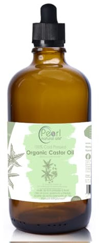 Pearl natural oils Olio di ricino biologico, puro, spremuto a freddo, vegano, senza esano, qualità BP, senza OGM, flacone di vetro da 100 ml con pipetta
