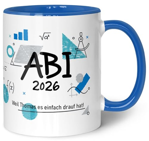 GRAVURZEILE Bedruckte Tasse mit Spruch - Abi - Personalisiert mit Namen & Jahr - Weil ich's einfach drauf hab! - Spülmaschinenfest - Geschenk zum Abschluss für Jungen & Mädchen - Farbe: Blau