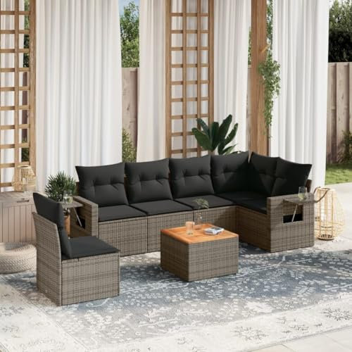 Willood Garten Rattan Sofa 7tlg. Set mit Kissen Grau Poly RattanGrau+Dunkelgrau