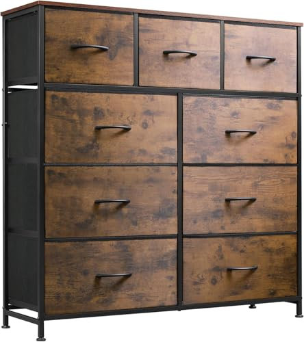 WLIVE Chest of Drawers, 9 Fabric Drawers Cabinet with Easy Pull Handle, Wood Top and Sturdy Steel Frame for Bedroom, Living Room, Rustic Brown