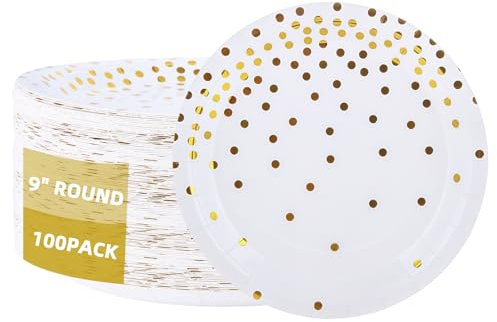 LOPYXBR Pappteller 100 Stück 23 cm Pappteller Gold Weiß Partygeschirr Papier Teller Party für Hochzeit, Abschlussfeier, Jubiläums, Geburtstag-Weiß mit Gold