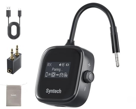 Syntech Airplane Bluetooth Transmitter Receiver 5.4 Adapter for 2 AirPods or Wireless Headphones, HD Display Low Latency 3.5mm AUX Jack Bluetooth Audio Adapter for Flying, TV, Car, Gym, Home Stereo