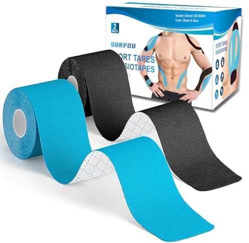 SURFOU Kinesiotapes 2 Rollen 5cm x 5m, Kinesiologie Tape Selbstklebend Blau + Schwarz, Hautfreundlich Elastisch, Tapeband für Sport, Alltag, Fitness Regeneration