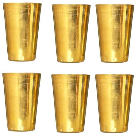 BRACOP®Brass Glass Drinking Cups Water Jug with Brass Flowers Embossed Tumblers Goblet Cups Set of 6 Drinking Glasses Cups Water Glasses Tumblers Flower Glassware Serving Utensils
