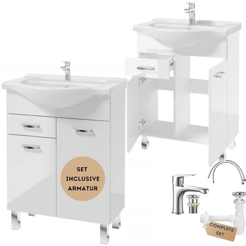 .Deftrans waschbecken mit unterschrank stehend Badmöbel Set 85x65x30 cm, weißer Hochglanz, Waschbeckenunterschrank mit Waschbecken und Armatur mit klick-Stecker, Badezimmer unterschrank